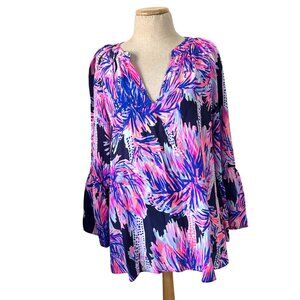 Lilly Pulitzer Women's Sz M Matilda Silk Floral Print Tunic Blouse Bell Sleeves